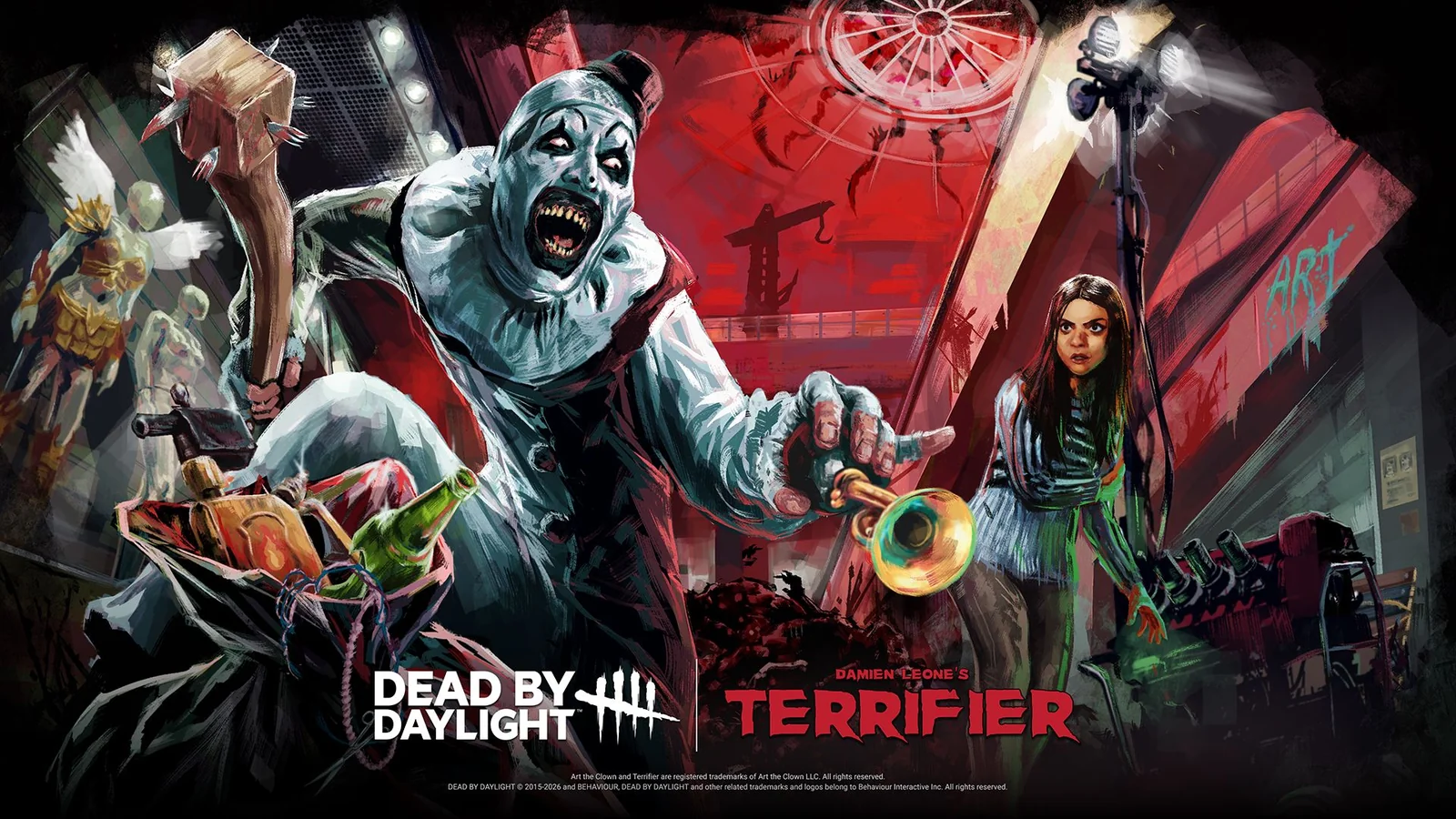 Art the Clown and Sienna Shaw in the official Dead by Daylight Terrifier artwork